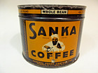VINTAGE 1930's SANKA COFFEE ADVERTISING 1 lb TIN CAN "FULL SEALED" KEYWIND LID — photo 1