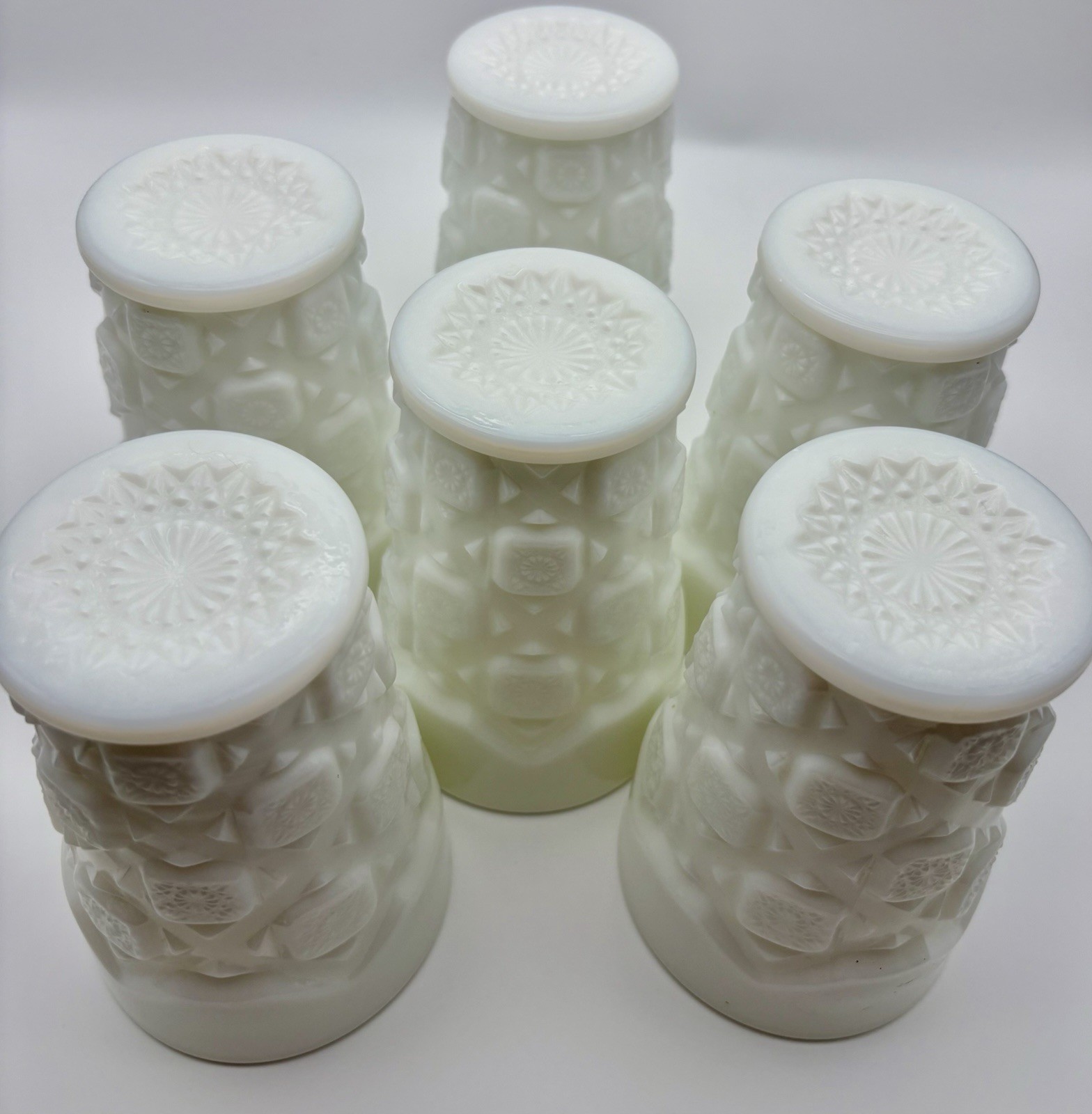 6 vintage Westmoreland Old Quilt Milk Glass 🤍Tumbler Glasses Euc