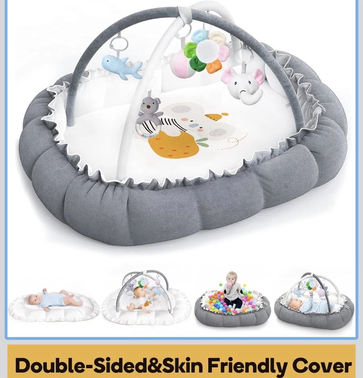 5 In 1 Convertible Baby Play & Tummy Time Mat Plush Play Gym w/ 5 Sensory Toys