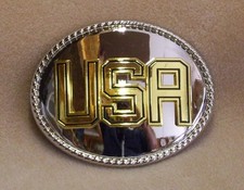 Belt Buckle Brass Color USA over Bright Silver Color Oval with Rope Edges