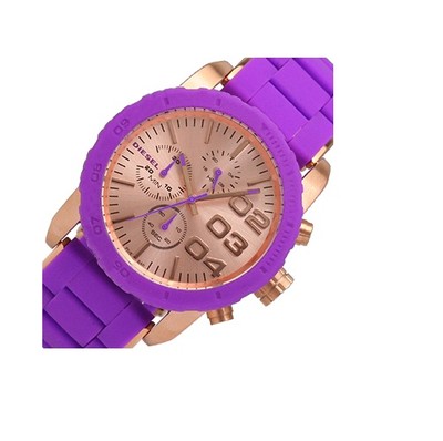 NEW DIESEL ROSE GOLD TONE,PURPLE SILICONE WRAPPED BAND,CHRONOGRAPH WATCH-DZ5361