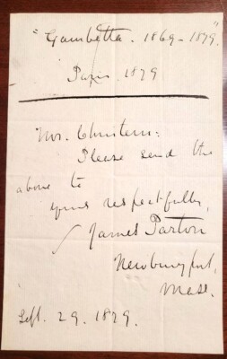 Scarce Item: Renowned 19th Cent. Biographer JAMES PARTON Hand Written Note 