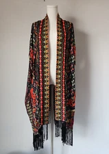 Hemant & Nandita Silk Embroidered Coin Fringe Boho Kimono Cover-Up Multicolor XS