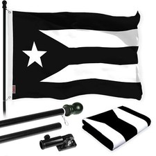 G128 Combo: 6 Ft Black Flagpole Puerto Rico BW Flag 3x5 Ft Printed Polyester