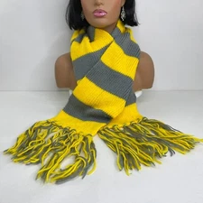 Yellow Gray Striped Knit Scarf Fringe Unisex Adult Oversize 7" x 86" Acrylic