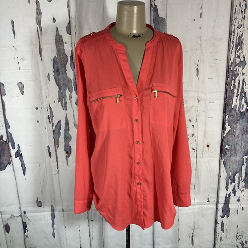 Calvin Klein Women's Size M Hot Coral Pink V Neck Tunic Blouse Gold Zipper