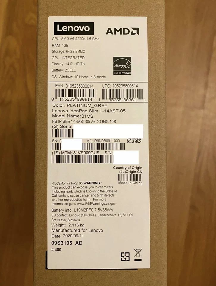 NEW Lenovo IdeaPad 1 14" HD A6-9220e 4G 64G eMMC AMD Radeon R4 Win10 81VS009GUS - Image 2 of 3