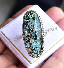 925 Sterling Silver Adjustable Ring Black Fire Opal Oval Beautiful Women Ring