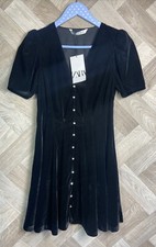 Zara Black Velvet Short Sleeve Dress Diamanté Button Detail Size XS New
