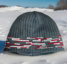 LL Bean Kids Knit Beanie Hat Medium Fleece Lining Geometric Gray Red White