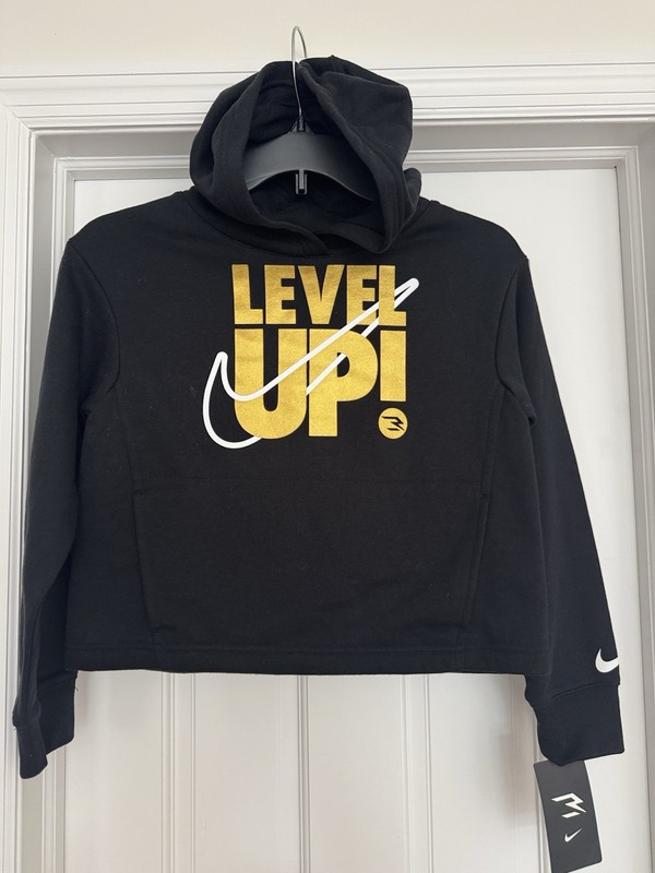 Girls Black Gold NIKE Swoosh Cropped Hooded Sweatshirt  - MEDIUM 10/12 - NWT