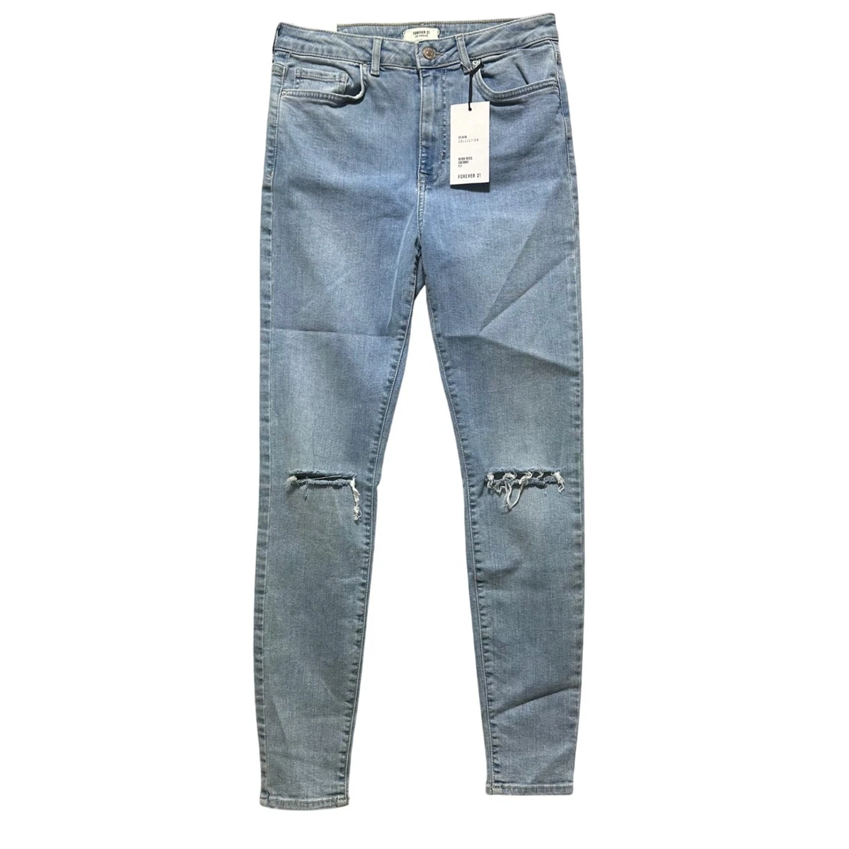 Pantalones de mezclilla ajustados de tiro alto Forever 21 para mujer lavados ligeros desgastados talla 27