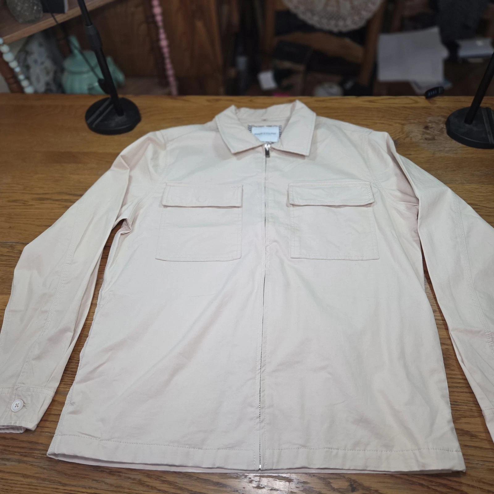 Denim & Flower Mens Light Full Zip Jacket, Beige With 4 Pockets. Size L