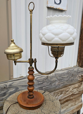 Vintage 2 Arm Brass/Wood Student Lamp Hobnail Milk Glass Shade 23'' Table Desk