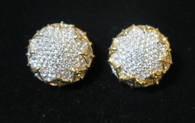 VINTAGE CINER PAVE CLEAR RHINESTONE ROUND CLIP ON EARRINGS GOLD TONE