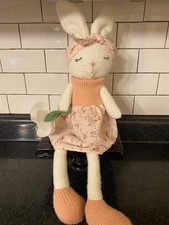 Knit Bunny with Cotton Dress and Matching Bandana Holding Felt Flower Weighted