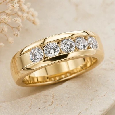Men's Wedding Band Ring 3Ct Round Cut Real Moissanite 14K Yellow Gold Plated