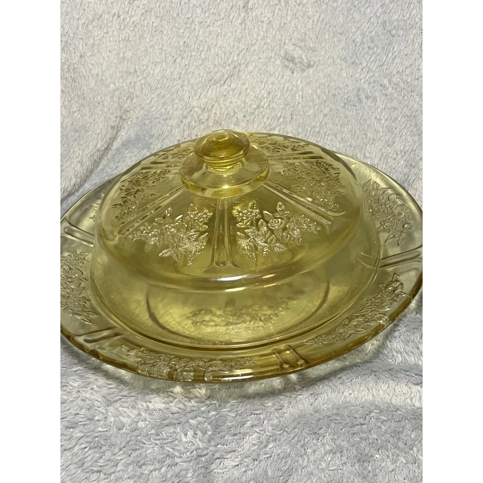 Vintage Yellow Depression Glass Covered Butter Dish Roses 8 Inch Serving