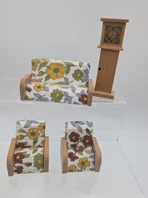 Vintage Dol Toi Floral Settee and Arm Chairs with Grand Father Clock.