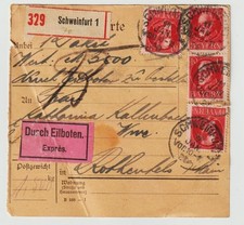 AD int Paketkarte mit MeF MiF beidseitig frankiert Schweinfurt - Rothenfels 1920