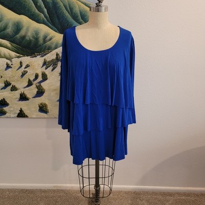 Susan Graver Womens Top 2X Liquid Knit Layered 3/4 Sleeve Royal Blue
