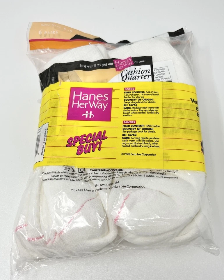 Calcetines vintage para mujer Hanes Her Way cojín cuarto deportivo 6 pares 1998 talla 5-9 Foto 3 de 4