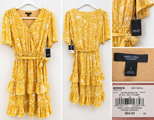 Simply Vera Vera Wang Wrap Dress Yellow Abstract Ruffle Tie Waist Knee Length S