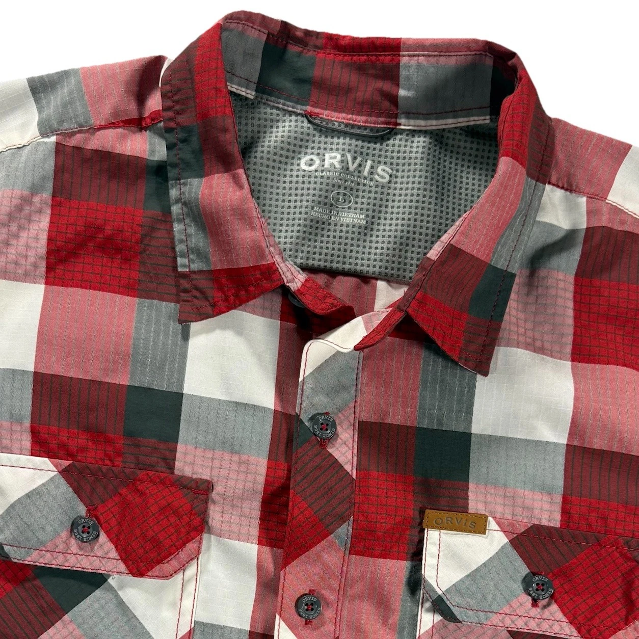 Orvis Tech Button Up Hiking Shirt Men’s L Large Red Plaid Short Sleeve Wicking
