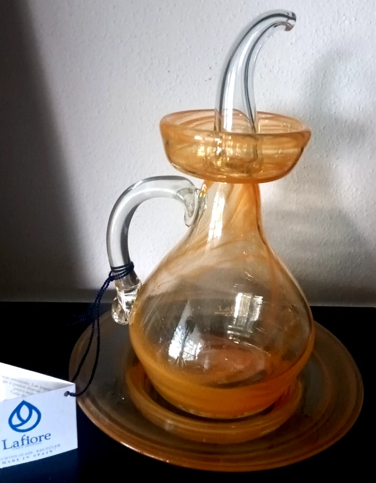 Lafiore mundgeblasene Glas Orange Flasche Öl und Essig mit Teller Made in Spain