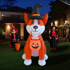 5FT Inflatable Corgi Dog with Pumpkin Outdoor Decoration, Halloween Blow up Yard