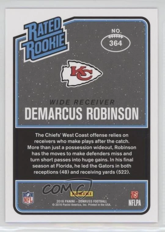 2016 Donruss Rated Rookies Stat Line Season /48 Demarcus Robinson #364 Rookie RC - Image 2 of 2