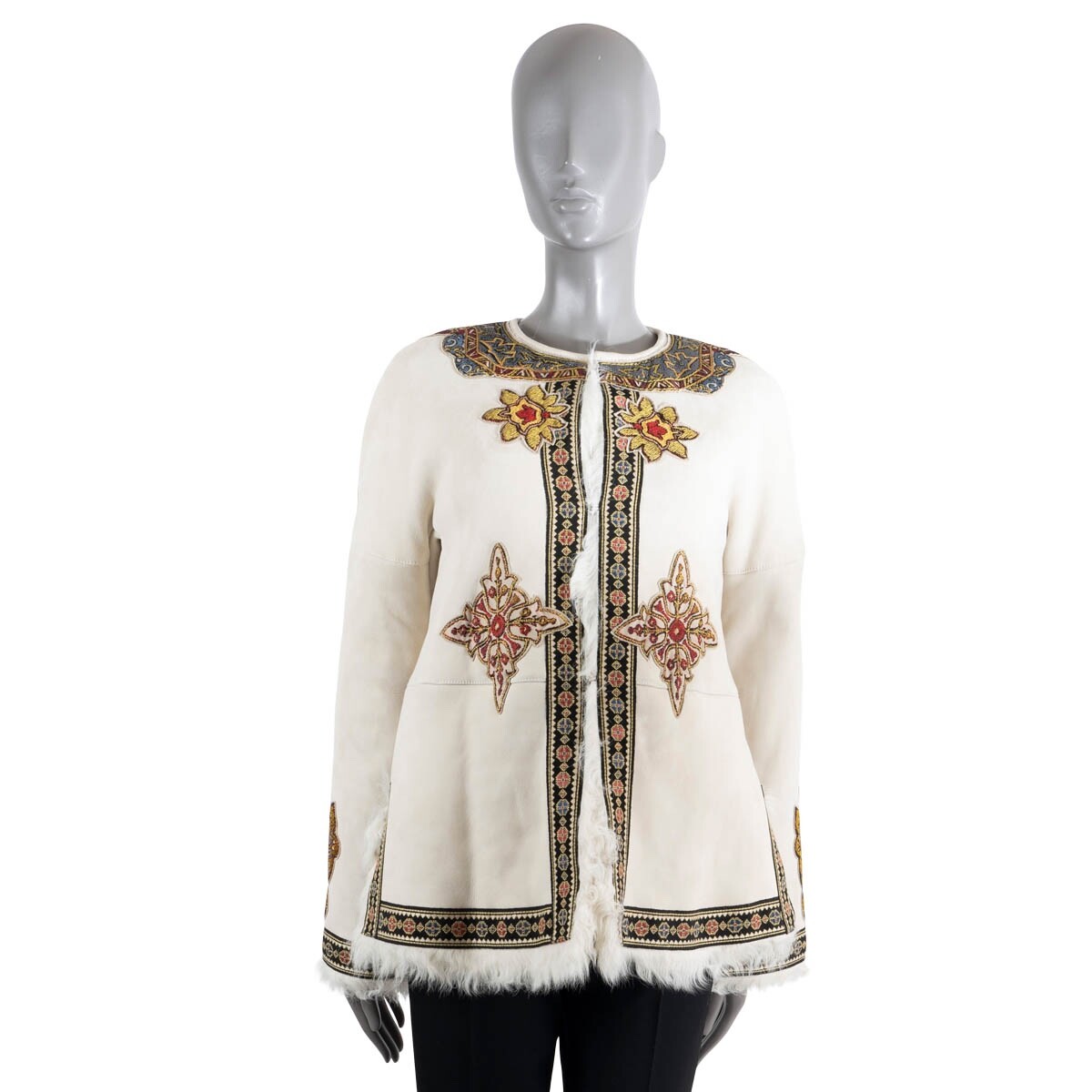 yuu様 69109 auth ETRO cream 2021 MUSTANG EMBROIDERED SHEARLING Jacket 42