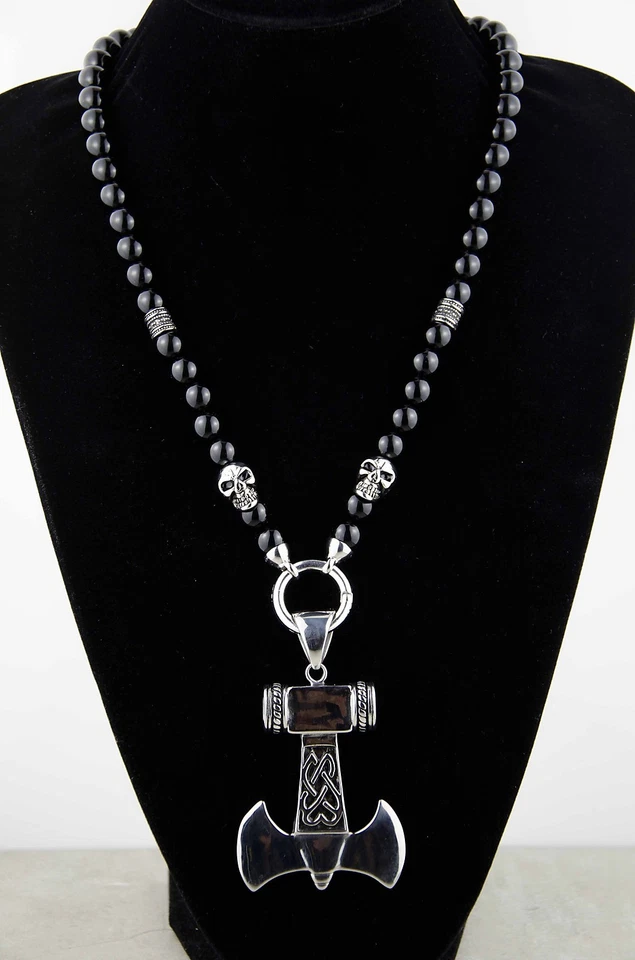 Herren Männer Halskette Rosenkranz Y-Kette Onyx Edelstahl Totenkopf Thors Hammer - Bild 3 von 4
