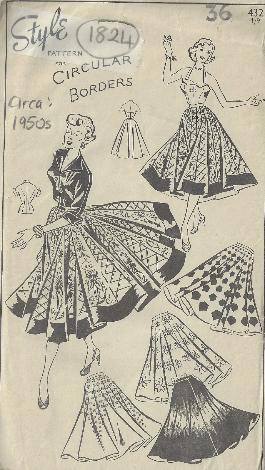 1950s Vintage Sewing Pattern B36" W30" CIRCULAR SKIRT SUNTOP & BLOUSE (1824)