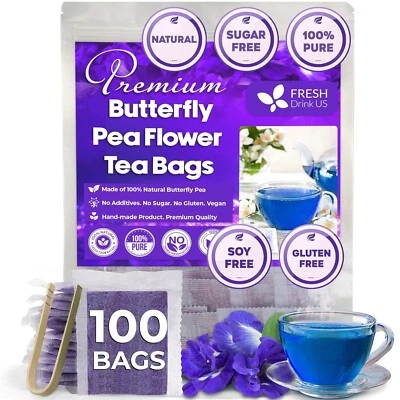 MAANI ESSENCE 100 Butterfly Pea Flowers Tea Bags, Pure Dried Butterfly Pea Flower, Herbal Tea
