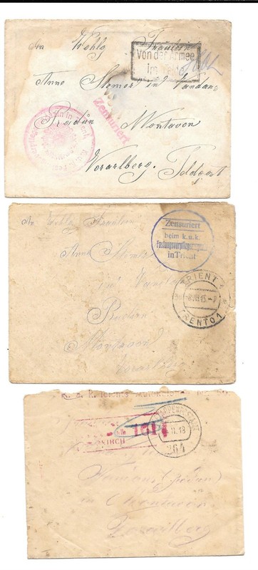 AUSTRIA-Three Feldpost (W W1)-well-abused covers 1915/1918 one could be Italian