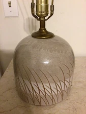 Vintage MCM 1970-80s Signed Stamped Stoneware Pottery Lamp Sawgrass Blades Boho