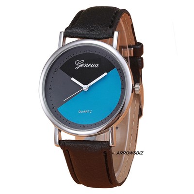 Neue Farbblock-Zifferblatt Lederband Analog Quarz Armbanduhr Uhren UK Verkäufer