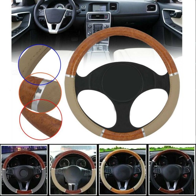 Wood Grain Steering Wheel Cover for Car SUV Lux Grip Beige Syn Leather