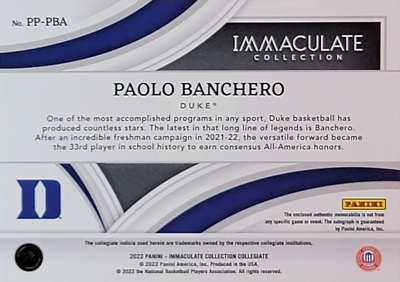 2022 Panini Immaculate Collegiate Paolo Banchero Rookie Patch Auto 