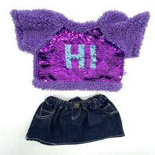 Build A Bear Purple Sequin Hi Bye Shirt Top Denim Skirt Teddy Clothes Outfit
