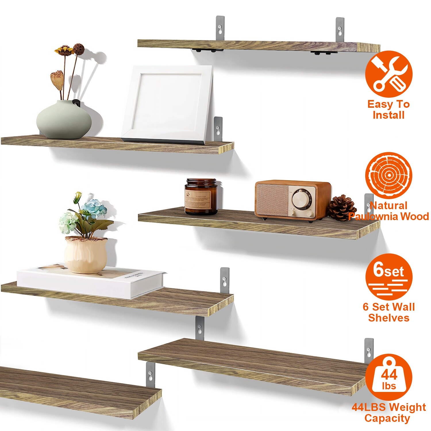 6PCS Set Floating Shelves Wall Mounted Wood Display Storage Shelves Home Office