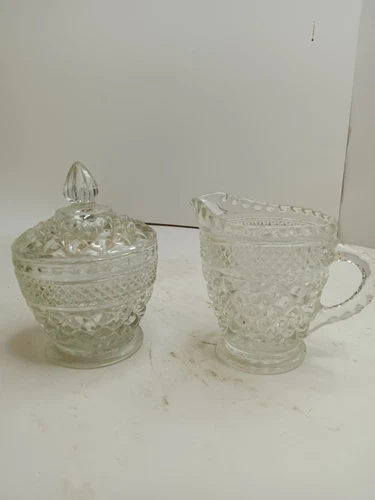 VTG Anchor Hocking Clear Glass Sugar Bowl and Creamer Set Footed Wexford Pattern