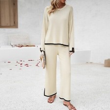 Women 2PCS Knitted Long Sleeve Sweater Suit Pullover&Wide Leg Pants Outfits Soft