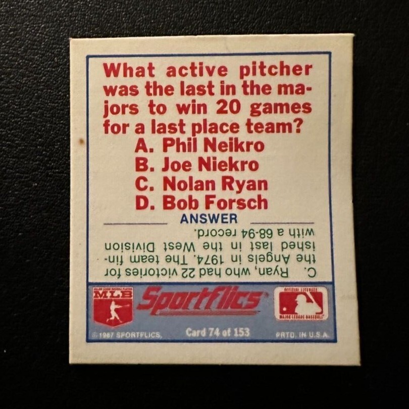 1987 Sportflics 74 Mini Baseball Trivia Hologram MLB Pittsburgh