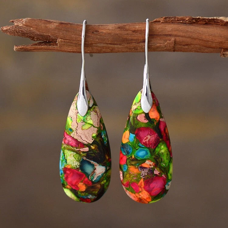 Natural Floral Jasper Teardrop Dangle Earrings Healing Stone Drop Earrings Gift - Image 2 of 4