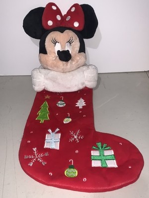 Disney Store Minnie Mouse 3D Red Soft Stocking Christmas Plush Ears Snowflakes