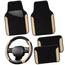 CAR PASS Faux Leather Steering Wheel Cover and Waterproof Car Floor Beige
