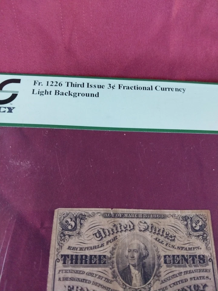 3 Cent Washington Light Background 3rd Issue Fractional Currency VF20 - Image 3 of 4