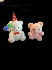 Vintage Miniature Flocked Teddy Bears, Dollhouse Size, Pink  White Party Bear